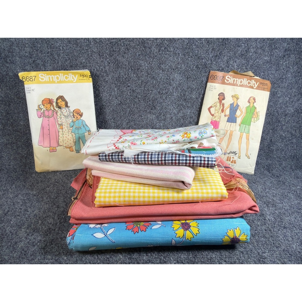 Vintage Simplicity Sewing Patterns 6687 6937 & Mixed Fabric Remnants Lot